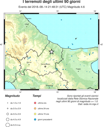 Evento sismico Ml 4.7 (Mw 4.6) in provincia di Campobasso 14 agosto 2018