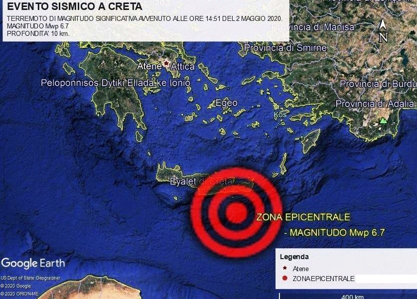 Forte terremoto di magnitudo 6.7 al largo di Creta